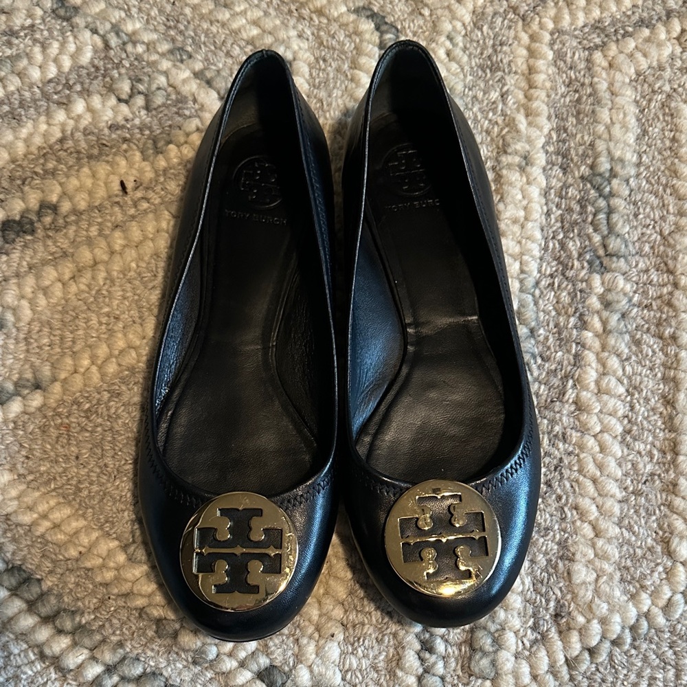 Tory Burch Black Flats with Gold Emblem